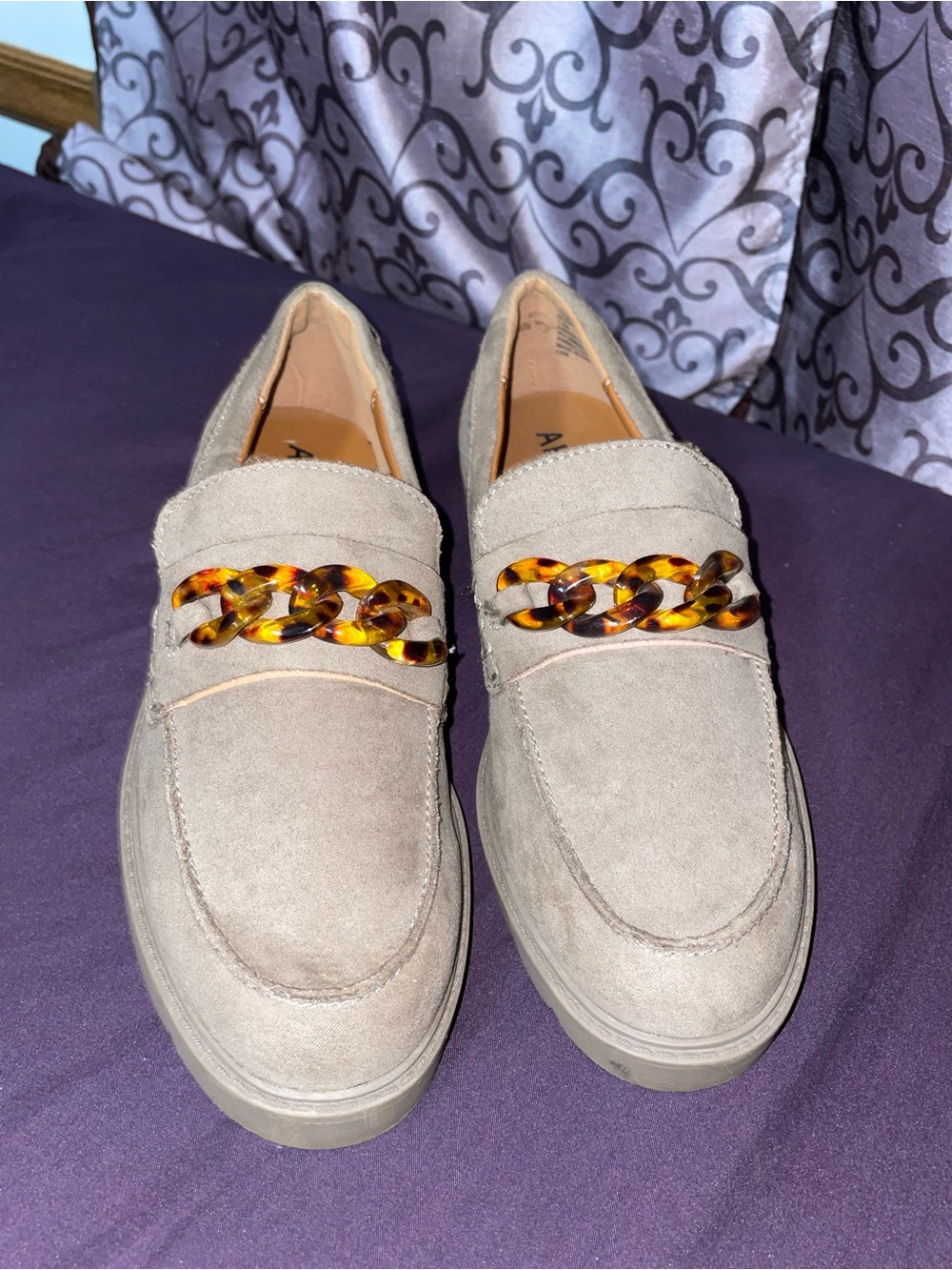 Anne Klein Taupe Suede Loafers with Tortoiseshell Chain